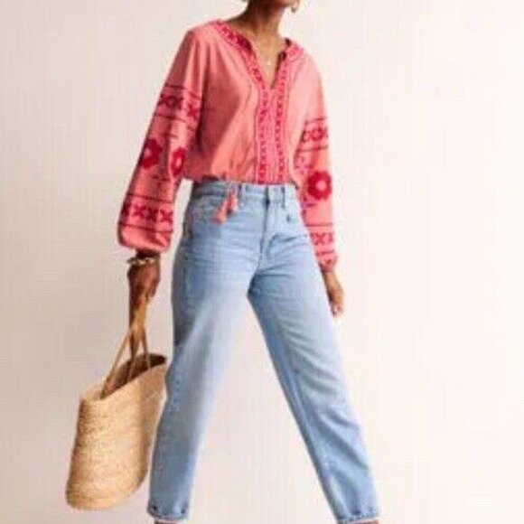 Boden Diana Embroidered Tunic Top Red Pink Long Sleeve Tie Neck Size US Sz 6 - Picture 4 of 11